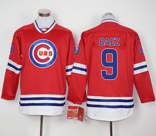 Cubs #9 Javier Baez Red Long Sleeve Stitched MLB Jersey